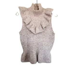 Zara Ivory Blush Pink Heather Ruffled Mock Turtleneck Rib Knit Pullover Sweater